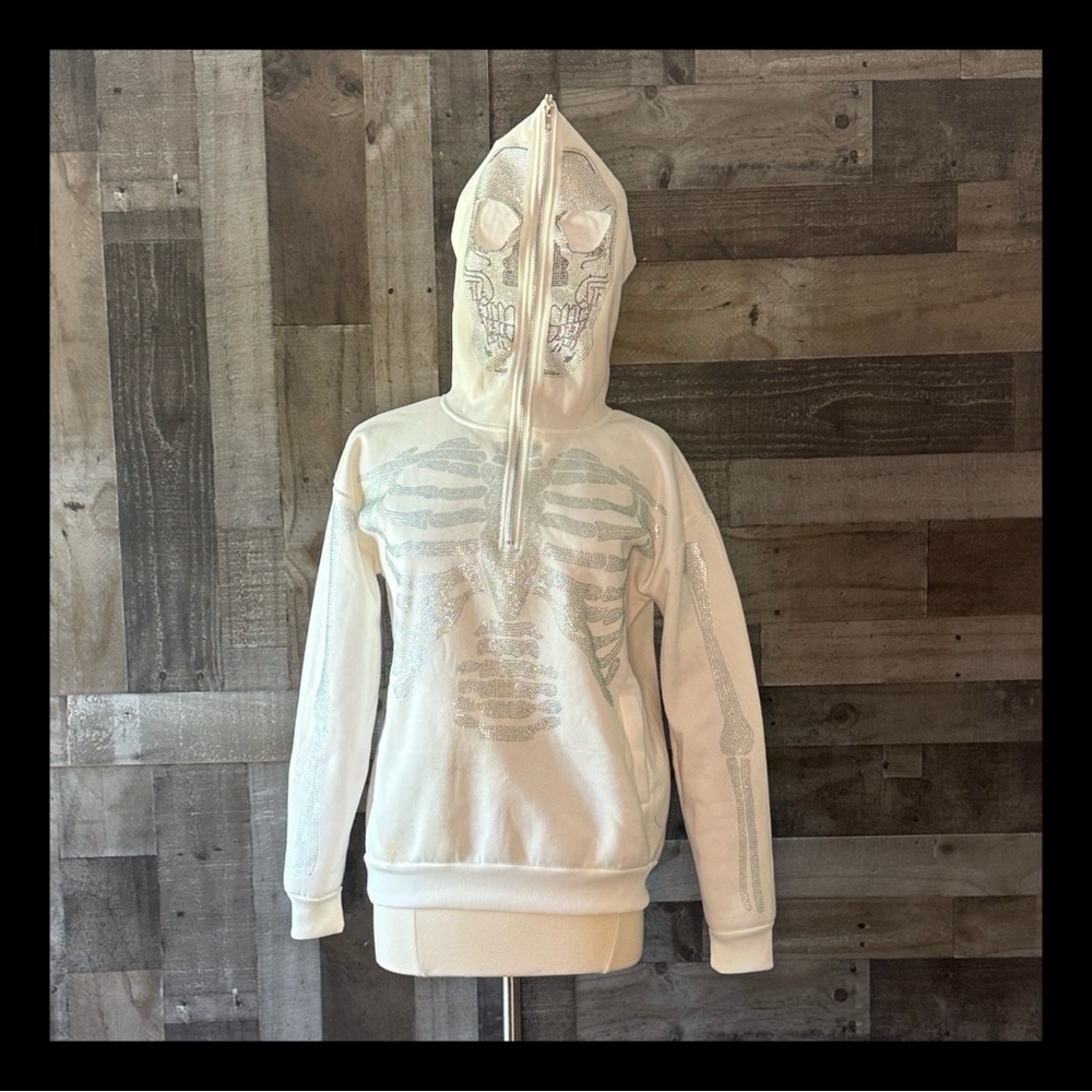 White rhinestone skeleton hoodie sweater small cute goth whimsigoth Halloween